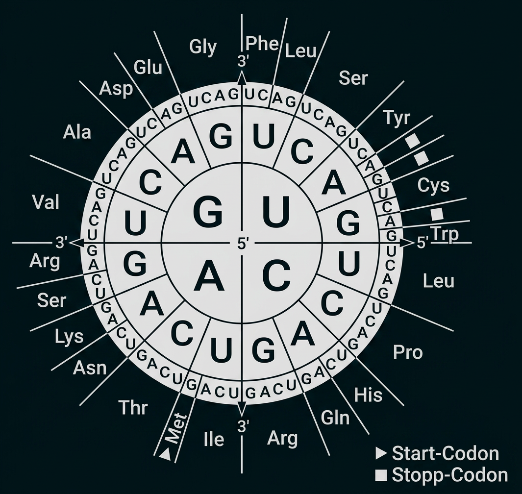 Kreisförmige Codon-Tabelle zur Zuordnung von RNA-Basentripletts zu Aminosäuren.